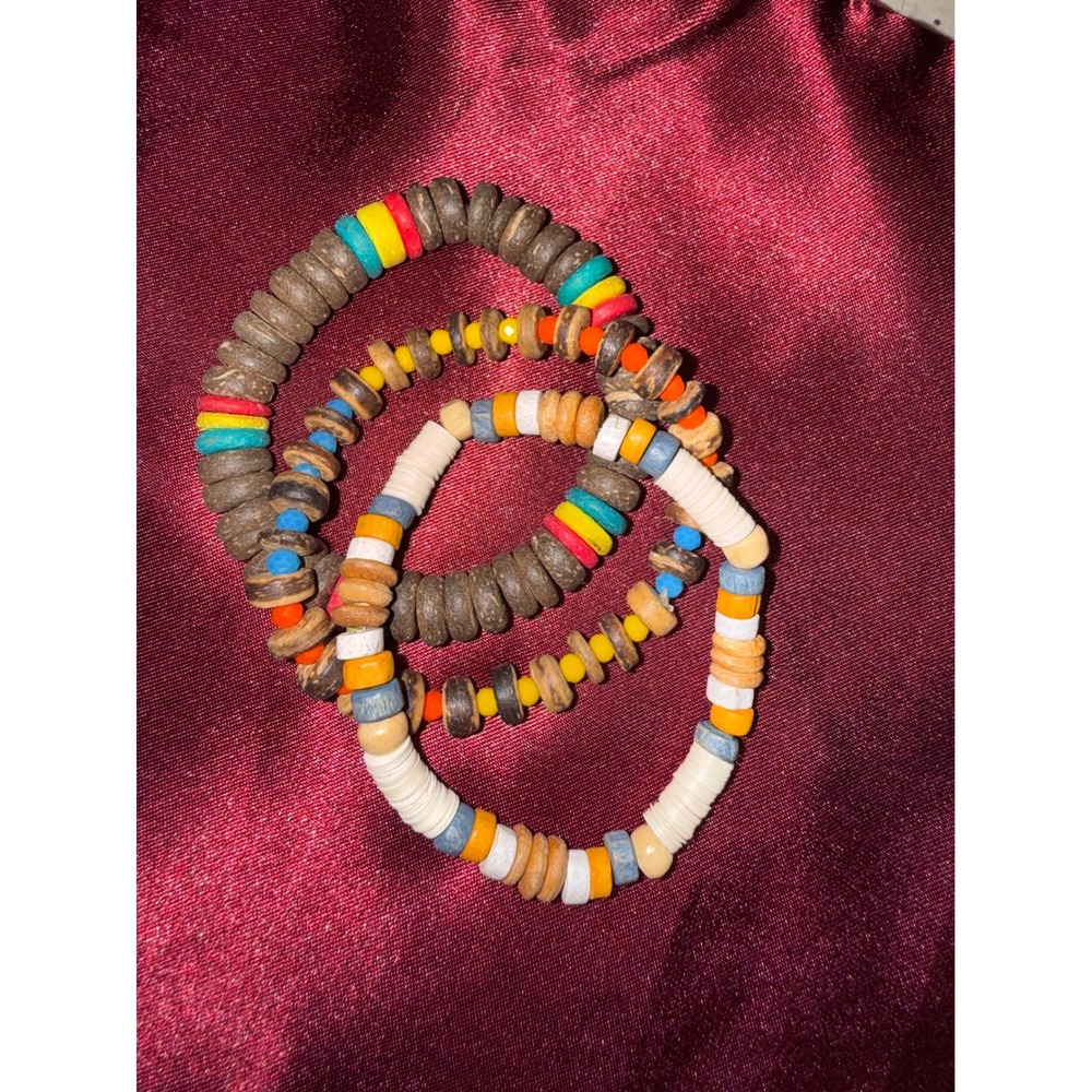 Set of‎ 3 Boho Wood Heishi Bead Stretch Bracelets Multi Color Beach Surf Style